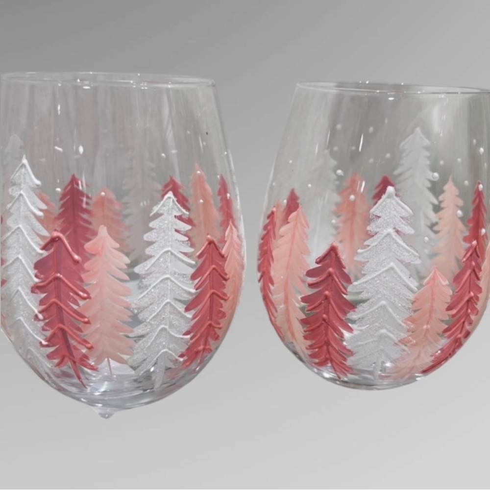 PINK Christmas Tree Handpainted Stemless Wine glasses Set of 2 NEW HTF